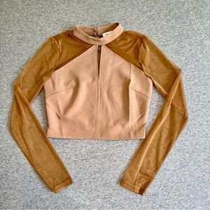NWT French Kiss Mesh Cutout Crop Top Tan Long Sleeve Sheer Y2K Streetwear Small